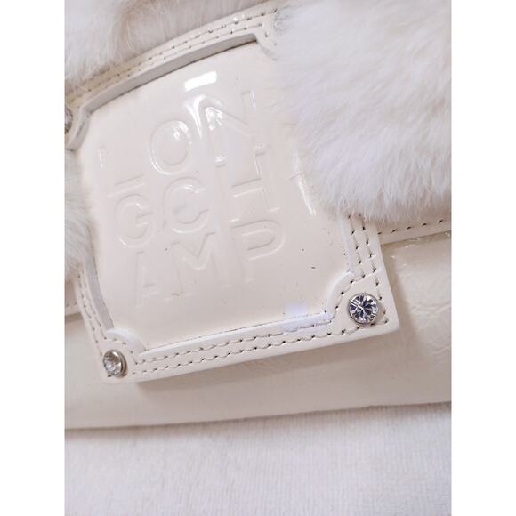 Longchamp Shoulder Crossbody Bag Ivory Patent Leather White Rabbit Fur Glam VNTG - Picture 4 of 16
